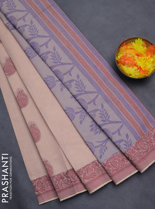 Nithyam cotton saree peach shade with thread woven buttas and thread woven border