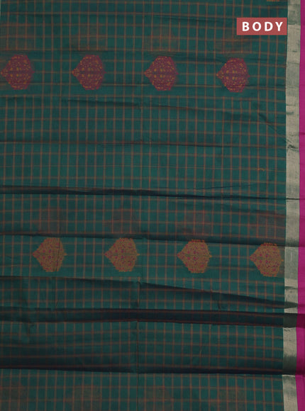 Nithyam cotton saree green and magenta pink with allover thread checked pattern & buttas and zari woven border