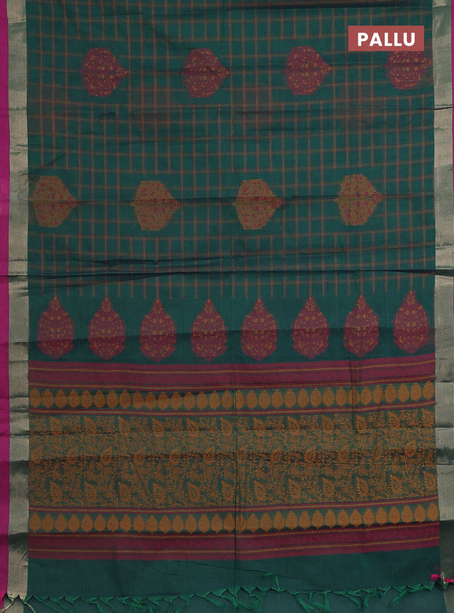 Nithyam cotton saree green and magenta pink with allover thread checked pattern & buttas and zari woven border