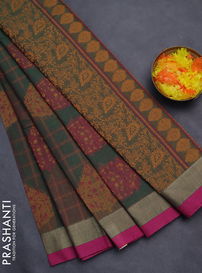 Nithyam cotton saree dual shade of green and magenta pink with allover thread checked pattern & buttas and zari woven border