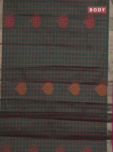 Nithyam cotton saree dual shade of green and magenta pink with allover thread checked pattern & buttas and zari woven border