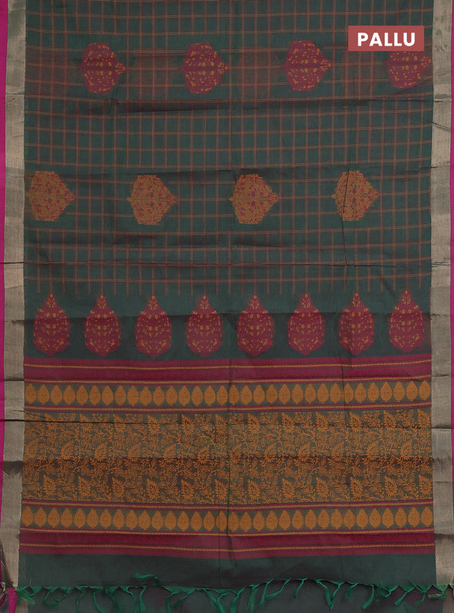 Nithyam cotton saree dual shade of green and magenta pink with allover thread checked pattern & buttas and zari woven border