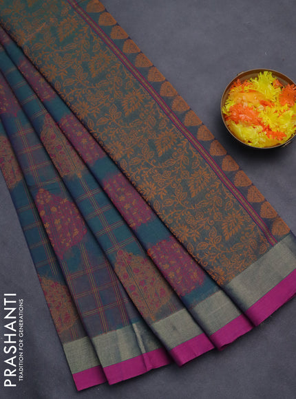 Nithyam cotton saree dual shade of bluish green and magenta pink with allover thread checked pattern & buttas and zari woven border
