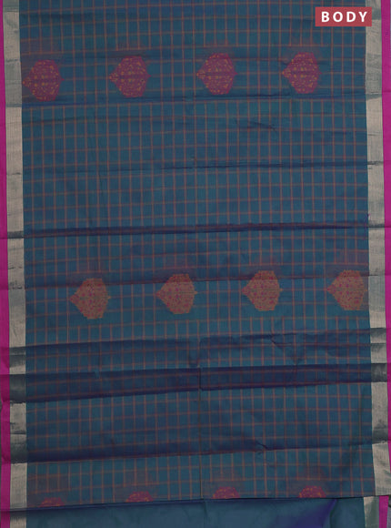 Nithyam cotton saree dual shade of bluish green and magenta pink with allover thread checked pattern & buttas and zari woven border