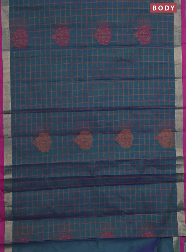 Nithyam cotton saree dual shade of bluish green and magenta pink with allover thread checked pattern & buttas and zari woven border