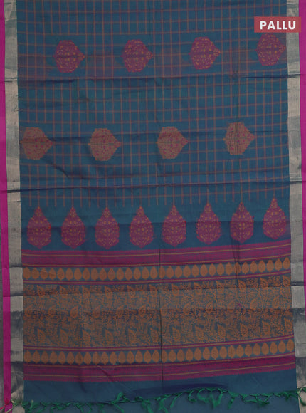 Nithyam cotton saree dual shade of bluish green and magenta pink with allover thread checked pattern & buttas and zari woven border