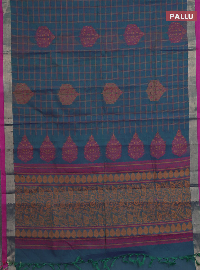 Nithyam cotton saree dual shade of bluish green and magenta pink with allover thread checked pattern & buttas and zari woven border