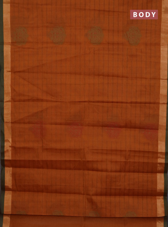 Nithyam cotton saree rust shade and green shade with allover thread checked pattern & buttas and zari woven border