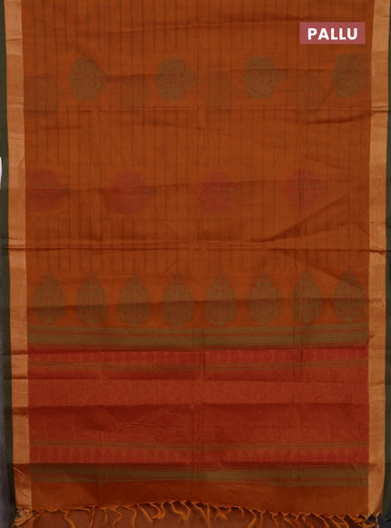 Nithyam cotton saree rust shade and green shade with allover thread checked pattern & buttas and zari woven border
