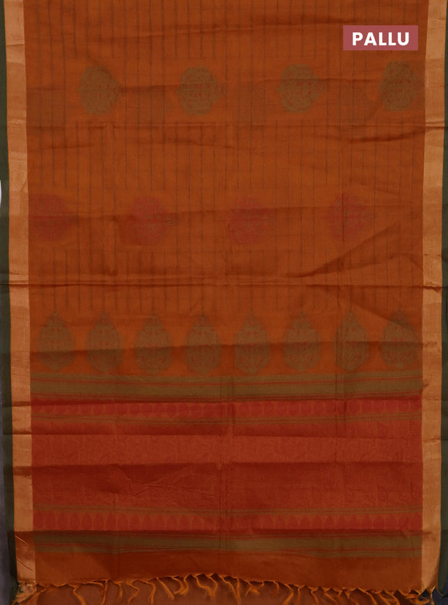 Nithyam cotton saree rust shade and green shade with allover thread checked pattern & buttas and zari woven border