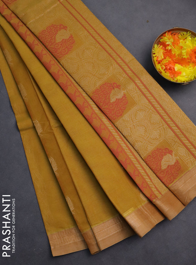 Nithyam cotton saree mustard yellow and beige with thread zari woven peacock buttas and zari woven simple border