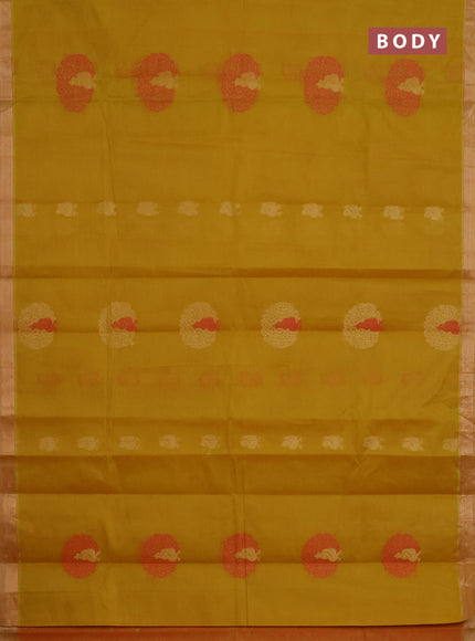 Nithyam cotton saree mustard yellow and beige with thread zari woven peacock buttas and zari woven simple border