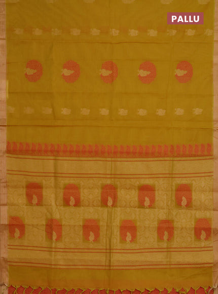 Nithyam cotton saree mustard yellow and beige with thread zari woven peacock buttas and zari woven simple border