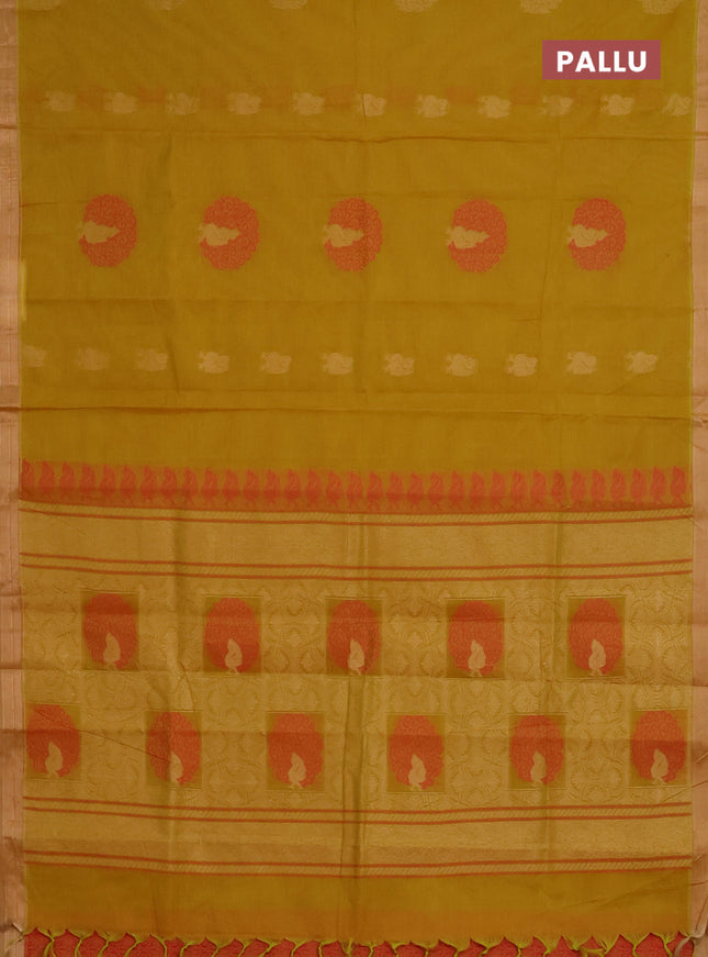 Nithyam cotton saree mustard yellow and beige with thread zari woven peacock buttas and zari woven simple border