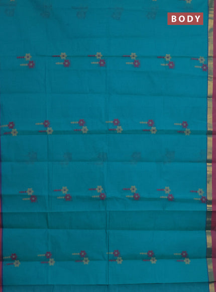 Nithyam cotton saree teal green and pink with thread woven buttas and zari woven simple border