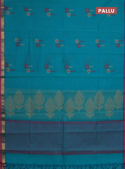 Nithyam cotton saree teal green and pink with thread woven buttas and zari woven simple border