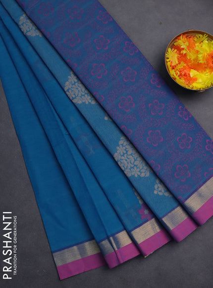 Nithyam cotton saree cs blue and pink with thread woven buttas and zari woven simple border