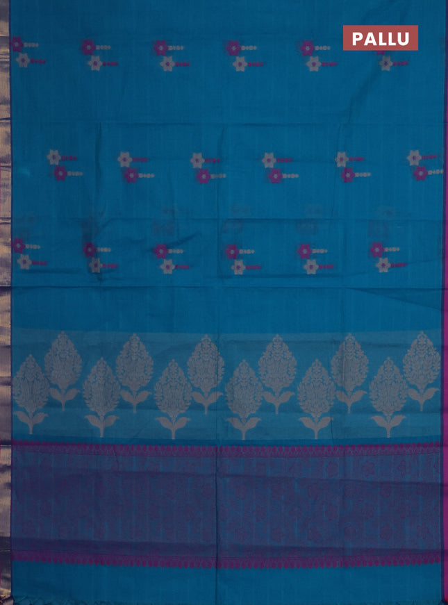 Nithyam cotton saree cs blue and pink with thread woven buttas and zari woven simple border