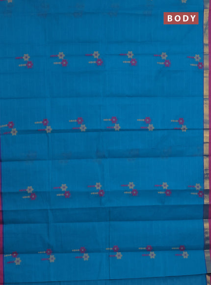 Nithyam cotton saree teal blue shade and pink with thread woven buttas and zari woven simple border