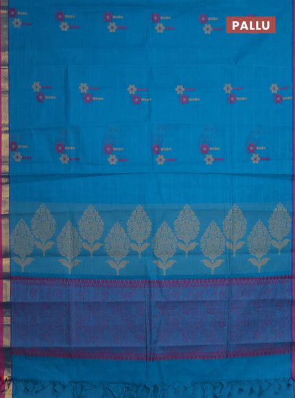 Nithyam cotton saree teal blue shade and pink with thread woven buttas and zari woven simple border