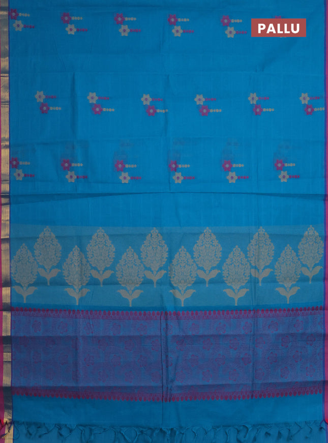 Nithyam cotton saree teal blue shade and pink with thread woven buttas and zari woven simple border