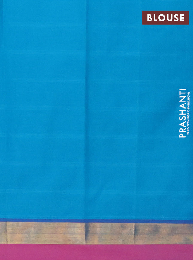 Nithyam cotton saree teal blue shade and pink with thread woven buttas and zari woven simple border