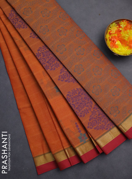 Nithyam cotton saree dark mustard and maroon with thread woven buttas and zari woven simple border
