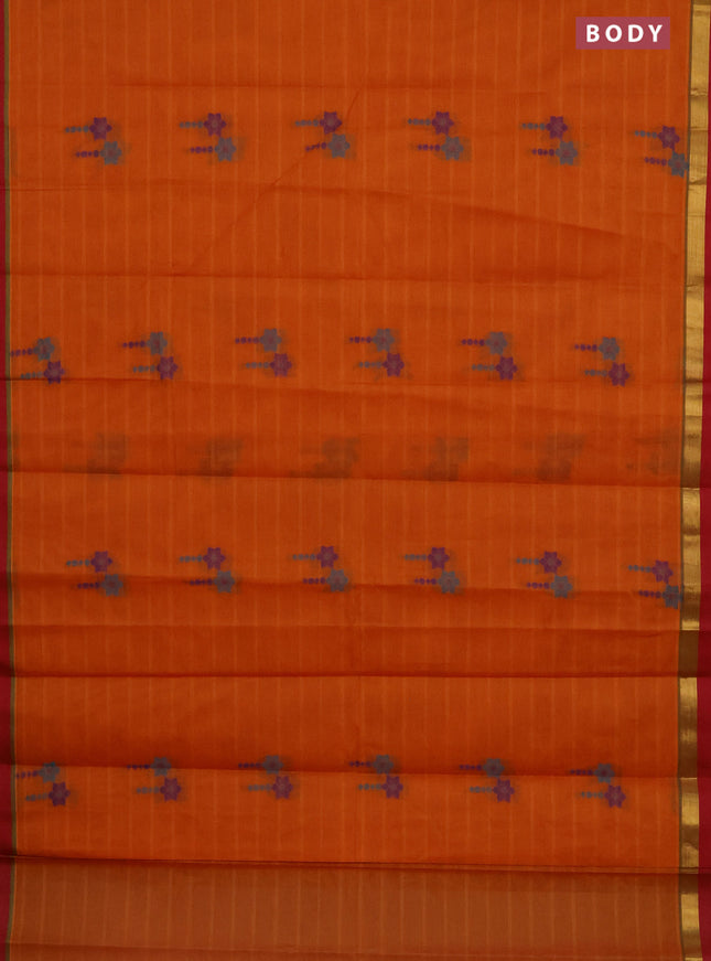 Nithyam cotton saree dark mustard and maroon with thread woven buttas and zari woven simple border