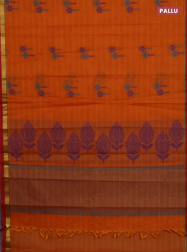 Nithyam cotton saree dark mustard and maroon with thread woven buttas and zari woven simple border