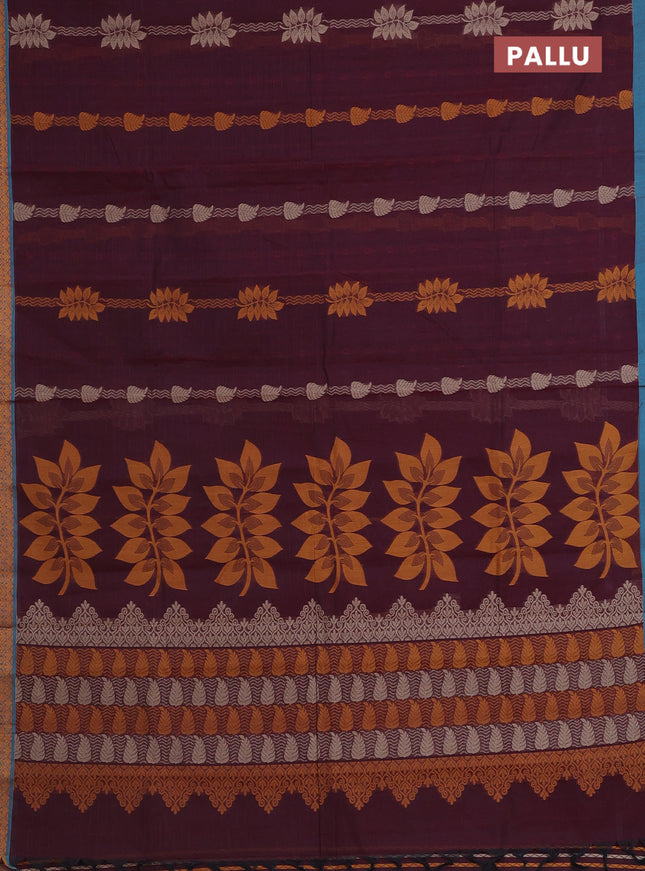 Nithyam cotton saree maroon and teal blue shade with allover self emboss & thread weaves and thread woven border