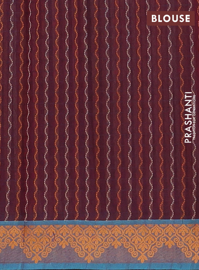 Nithyam cotton saree maroon and teal blue shade with allover self emboss & thread weaves and thread woven border
