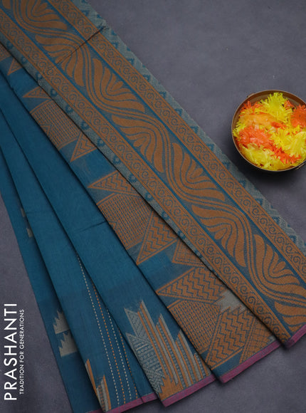 Nithyam cotton saree peacock green and maroon with allover thread weaves & buttas and piping border