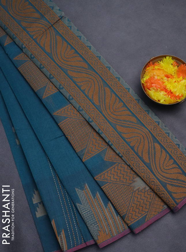 Nithyam cotton saree peacock green and maroon with allover thread weaves & buttas and piping border