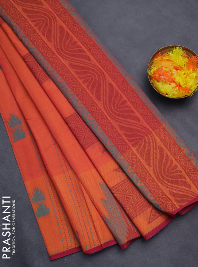 Nithyam cotton saree dual shade of orange and pink with allover thread weaves & buttas and piping border
