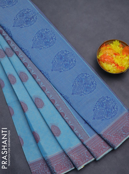 Nithyam cotton saree blue with allover self emboss & thread weaves and thread woven border