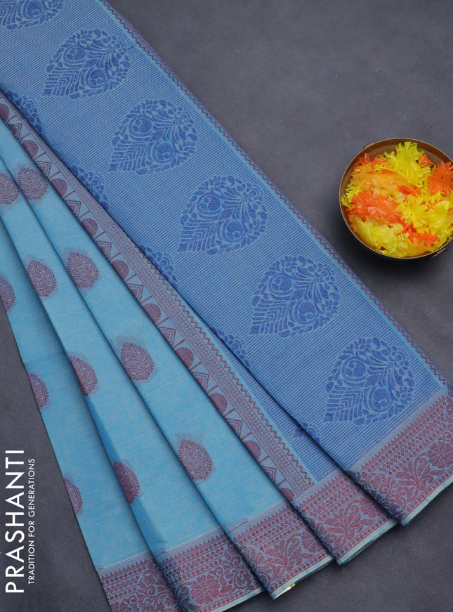 Nithyam cotton saree blue with allover self emboss & thread weaves and thread woven border