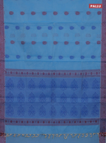 Nithyam cotton saree blue with allover self emboss & thread weaves and thread woven border