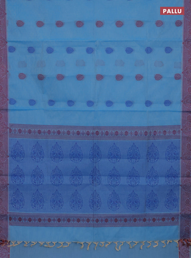 Nithyam cotton saree blue with allover self emboss & thread weaves and thread woven border