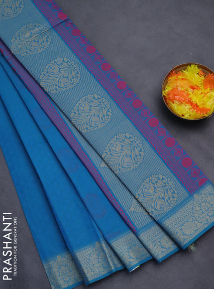 Nithyam cotton saree teal blue with allover self emboss & thread weaves and thread woven border