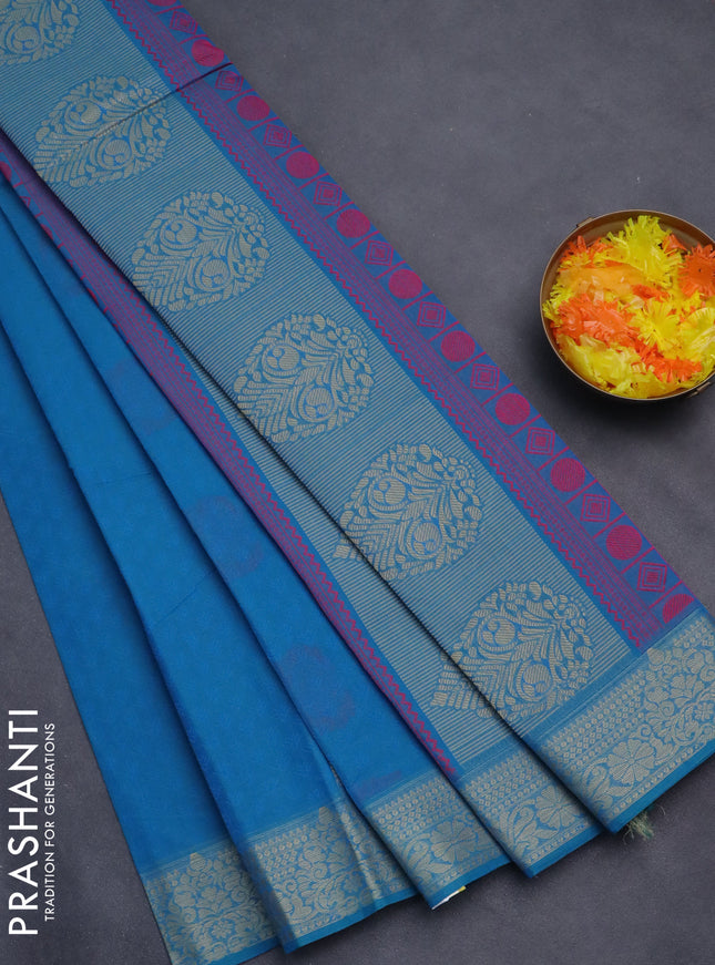 Nithyam cotton saree teal blue with allover self emboss & thread weaves and thread woven border