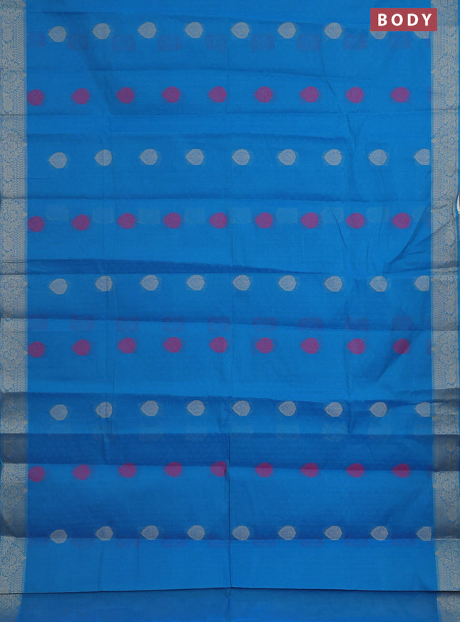 Nithyam cotton saree teal blue with allover self emboss & thread weaves and thread woven border