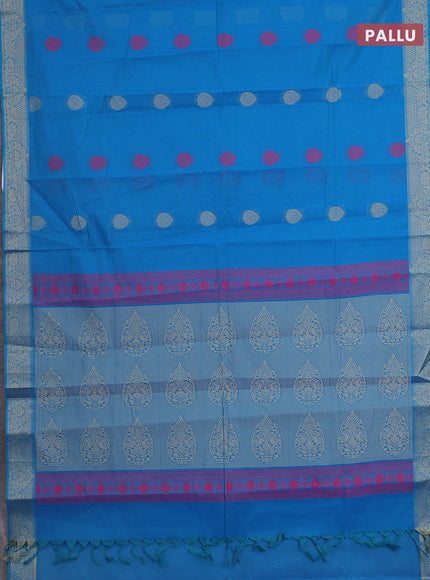 Nithyam cotton saree teal blue with allover self emboss & thread weaves and thread woven border