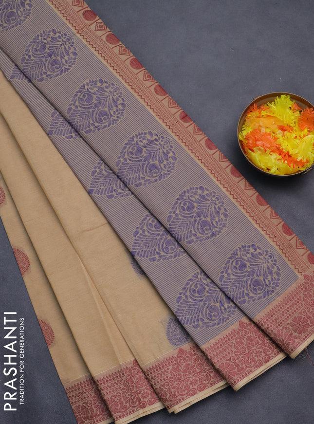 Nithyam cotton saree sandal with allover self emboss & thread weaves and thread woven border