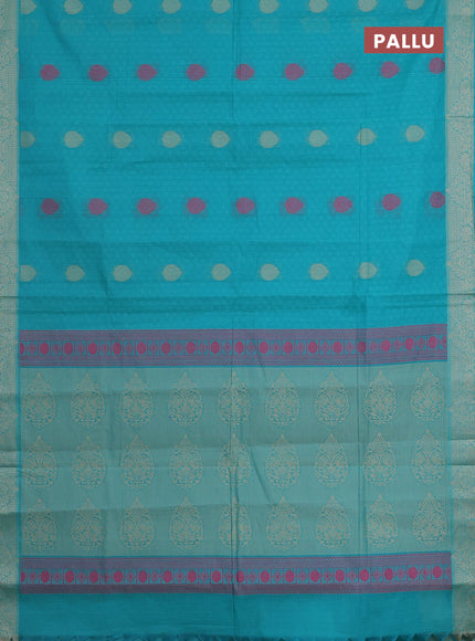 Nithyam cotton saree teal green with allover self emboss & thread weaves and thread woven border