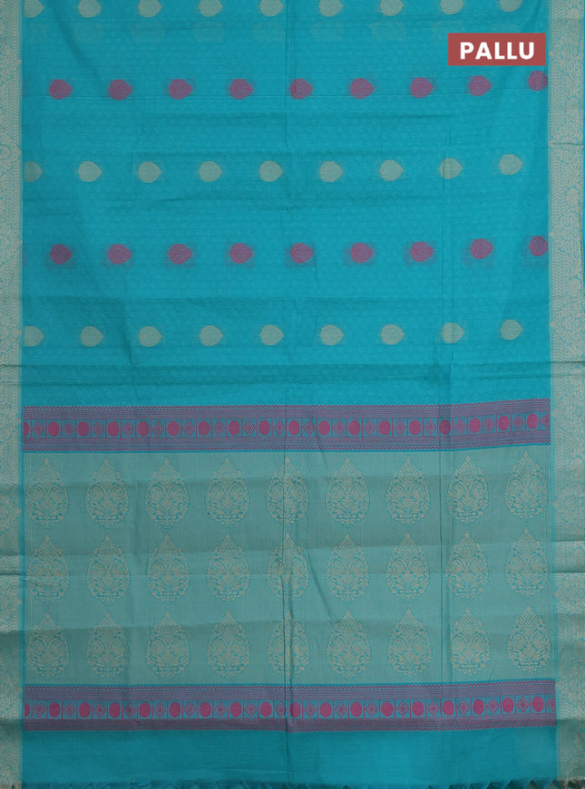 Nithyam cotton saree teal green with allover self emboss & thread weaves and thread woven border