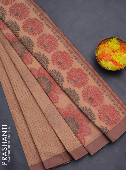 Nithyam cotton saree sandal and pastel brown with allover thread weaves and simple border