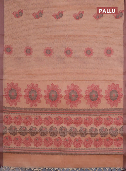 Nithyam cotton saree sandal and pastel brown with allover thread weaves and simple border