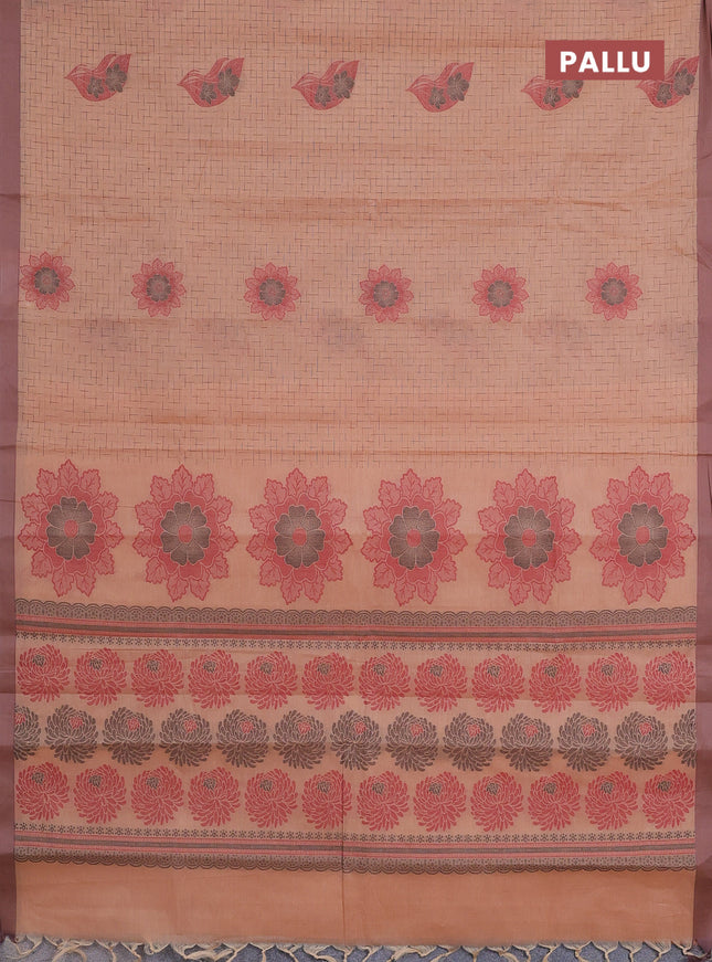 Nithyam cotton saree sandal and pastel brown with allover thread weaves and simple border