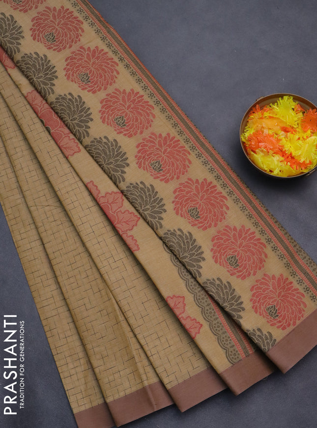 Nithyam cotton saree sandal and pastel brown with allover thread weaves and simple border