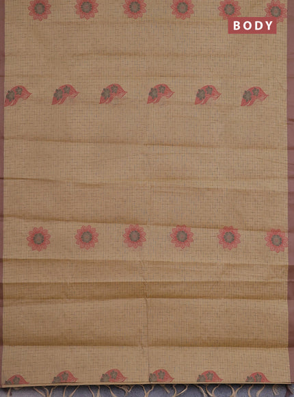 Nithyam cotton saree sandal and pastel brown with allover thread weaves and simple border